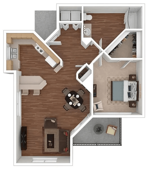a stylized floor plan with a bedroom and a living room